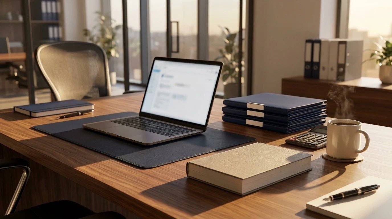 Escritorio de trabajo con computadora y carpetas